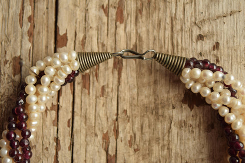Pearl and Grape Garnet Necklace - multi strand Seed pearl choker necklace