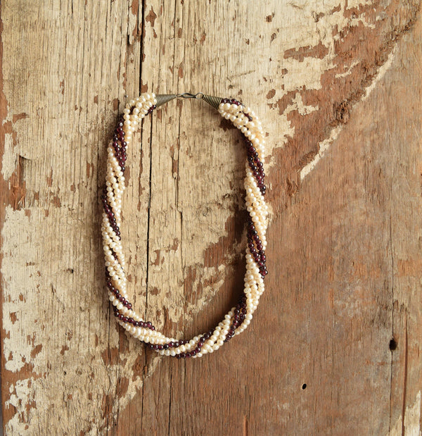 Pearl and Grape Garnet Necklace - multi strand Seed pearl choker necklace