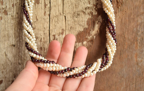 Pearl and Grape Garnet Necklace - multi strand Seed pearl choker necklace