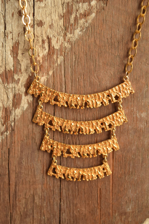 Gold Toned Ladder Necklace - 1970's Textured tiered necklace