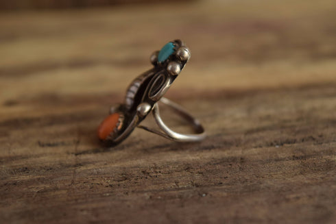 Rugged Dual Stone ring - size 5 - Coral and Turquoise ring