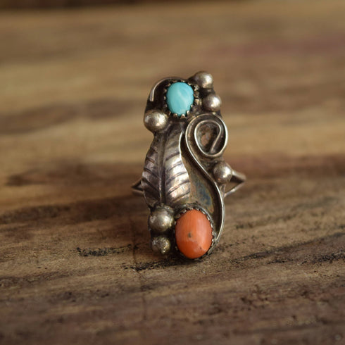Rugged Dual Stone ring - size 5 - Coral and Turquoise ring