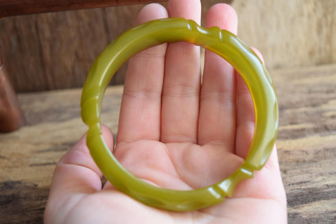 Green Carved Bakelite Bangle Bracelet - Semi-translucent