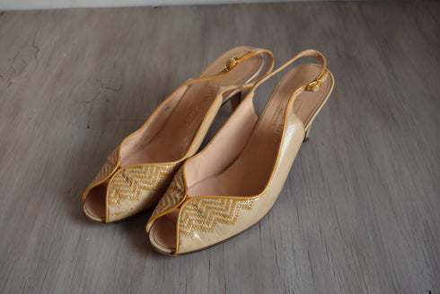 Size 7 1/2 Nude Woven Yellow Peep Toe Heels / Vintage Bruno Magli