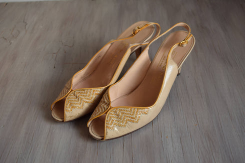 Size 7 1/2 Nude Woven Yellow Peep Toe Heels / Vintage Bruno Magli