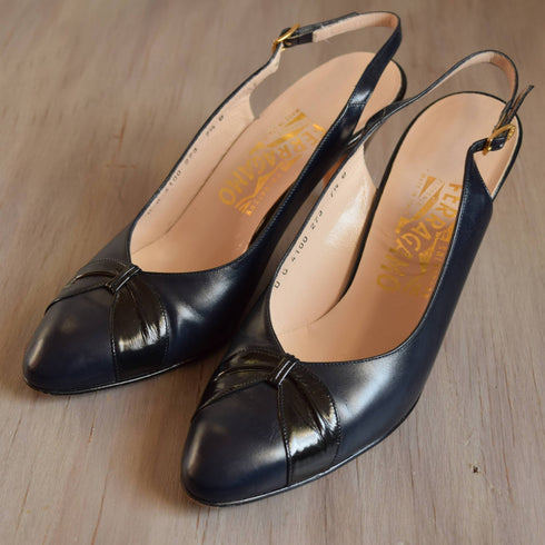 Navy & Black Ferragamo Sling Backs - Size 7 1/2