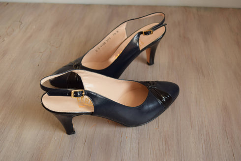 Navy & Black Ferragamo Sling Backs - Size 7 1/2 - 3 Inch Heels
