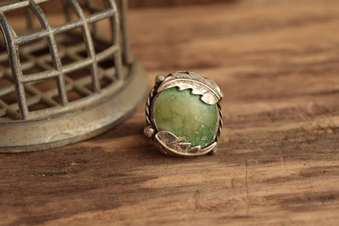 Round Turquoise Ring - Size 11 1/4 - Large Rugged Southwestern turquoise Ring - Natural Stone Leaf Jewelry