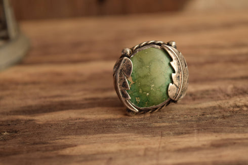 Round Turquoise Ring - Size 11 1/4 - Large Rugged Southwestern turquoise Ring - Natural Stone Leaf Jewelry