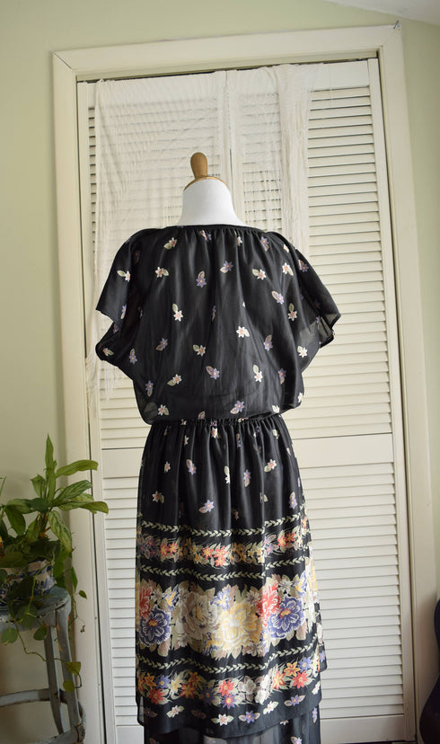 Black Floral Chiffon Tiered Dress - black 70s dress
