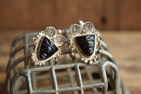 Black Onyx Carved Face Earrings