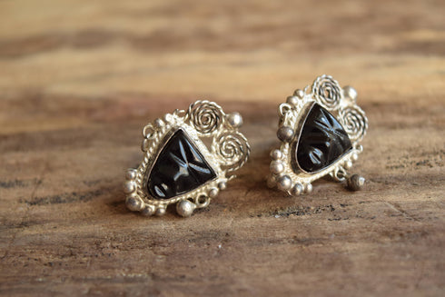 Black Onyx Carved Face Earrings