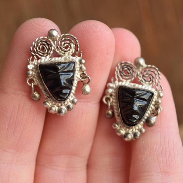 Black Onyx Carved Face Earrings