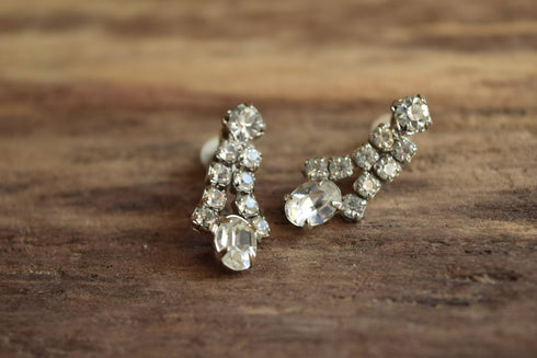 Vintage White Rhinestone Earrings Bridal Earrings - Screw Back