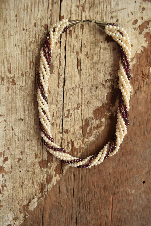 Pearl and Grape Garnet Necklace - multi strand Seed pearl choker necklace
