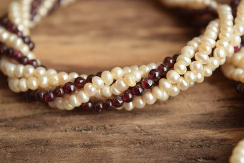 Pearl and Grape Garnet Necklace - multi strand Seed pearl choker necklace