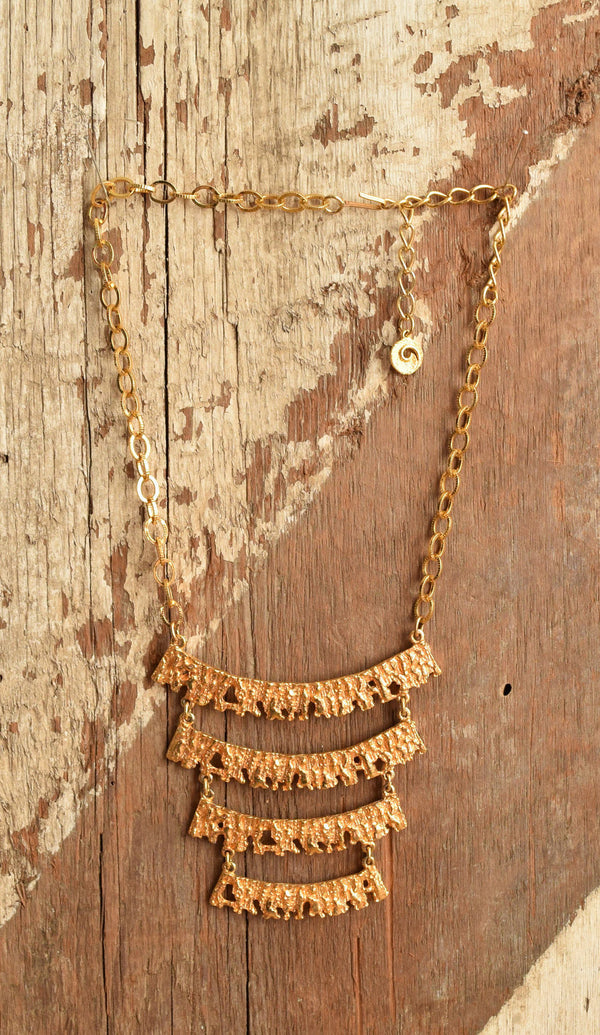 Gold Toned Ladder Necklace -  1970's Textured tiered necklace