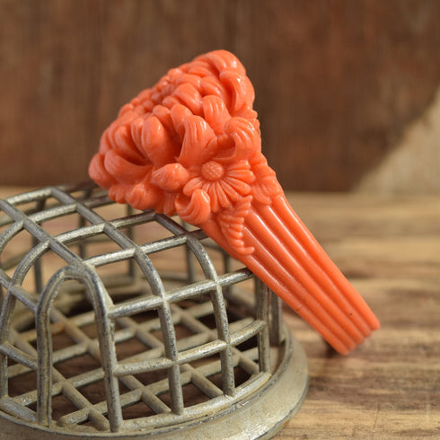 Coral Celluloid Chrysanthemum Flower Bangle Bracelet - 1930's