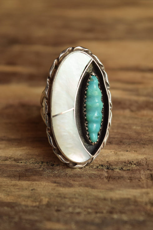 Crescent Moon Turquoise Ring Size 7 - Zuni Artist Florentine Panteah