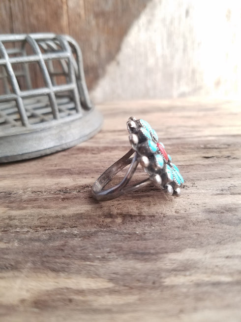 Turquoise cluster ring Size 9 coral center