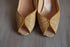 Size 7 1/2 Nude Woven Yellow Peep Toe Heels / Vintage Bruno Magli