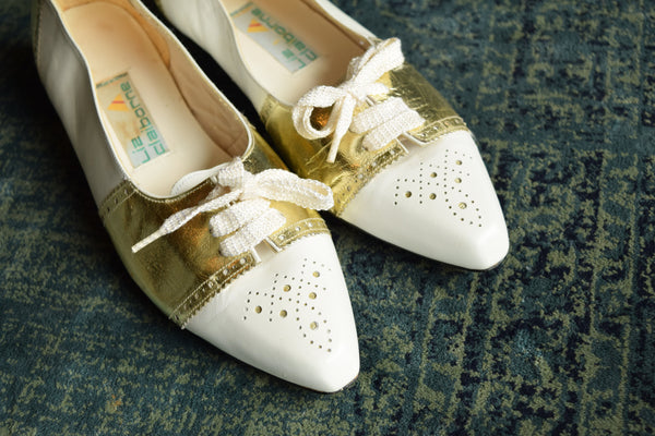 Gold and White Oxford Style Vintage Low Heels