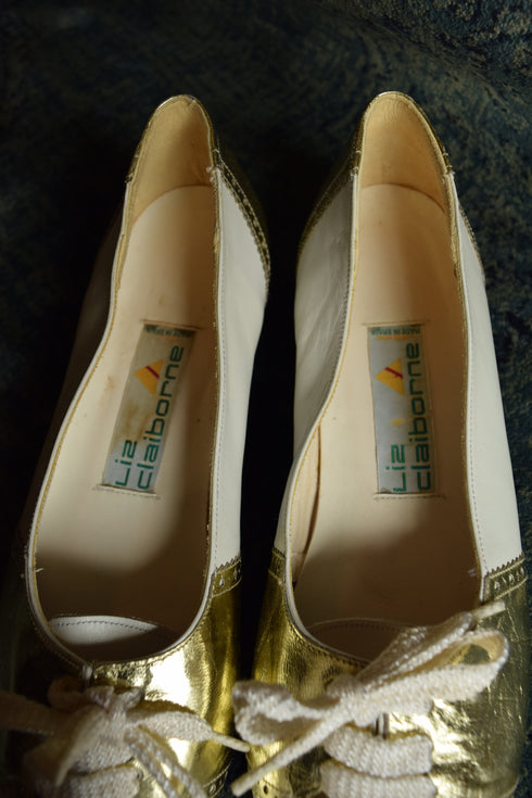 Gold and White Oxford Style Vintage Low Heels