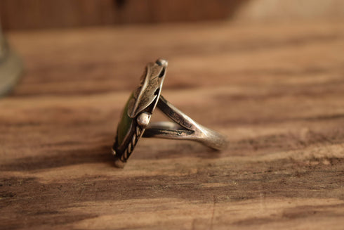 Round Turquoise Ring - Size 11 1/4 - Large Rugged Southwestern turquoise Ring - Natural Stone Leaf Jewelry