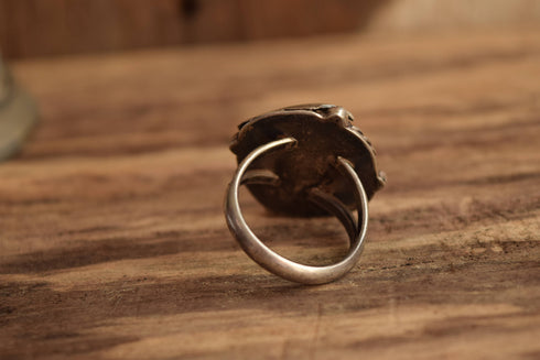 Round Turquoise Ring - Size 11 1/4 - Large Rugged Southwestern turquoise Ring - Natural Stone Leaf Jewelry