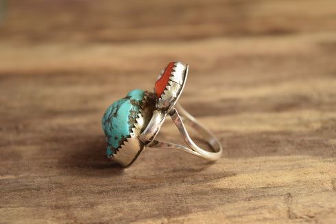 Turquoise Nugget and Coral Ring Size 7 1/4