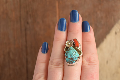 Turquoise Nugget and Coral Ring Size 7 1/4