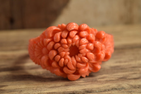 Coral Celluloid Chrysanthemum Flower Bangle Bracelet - 1930's