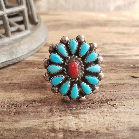 Turquoise and coral native american cluster ring size 9