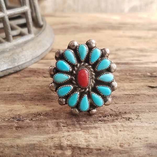 Turquoise and coral native american cluster ring size 9