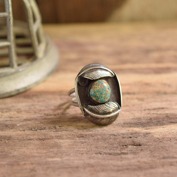Feather Turquoise Shield Ring Size 8