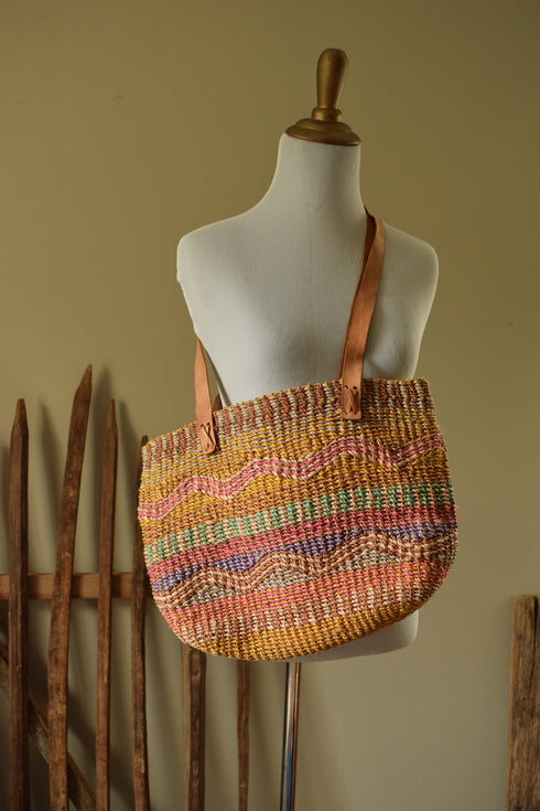 Colorful Woven Sisal Lined Market Bag - Leather Straps