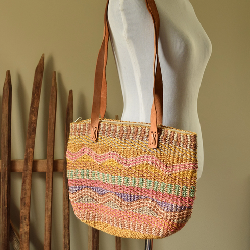 Colorful Woven Sisal Lined Market Bag - Leather Straps