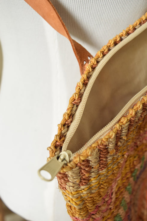 Colorful Woven Sisal Lined Market Bag - Leather Straps