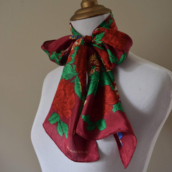 Vintage Red Rose Silk Scarf Oblong