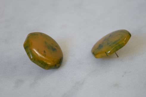 Green Octagon Earrings - Marbled Octagonal Bakelite Studs