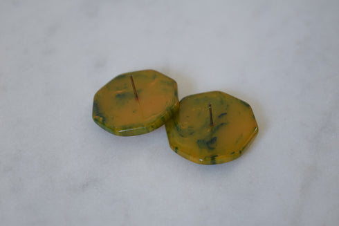 Green Octagon Earrings - Marbled Octagonal Bakelite Studs