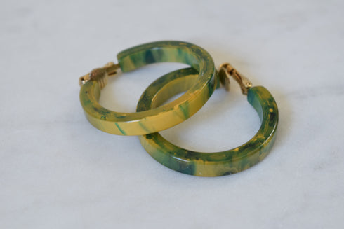 Green Bakelite Hoop Clip Earrings  - Blue and Yellow