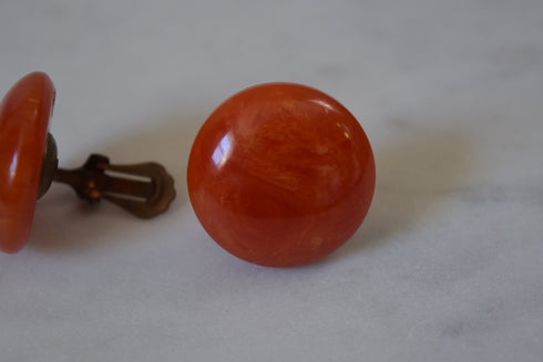 Orange Bakelite Earrings - Round Marbled Clips