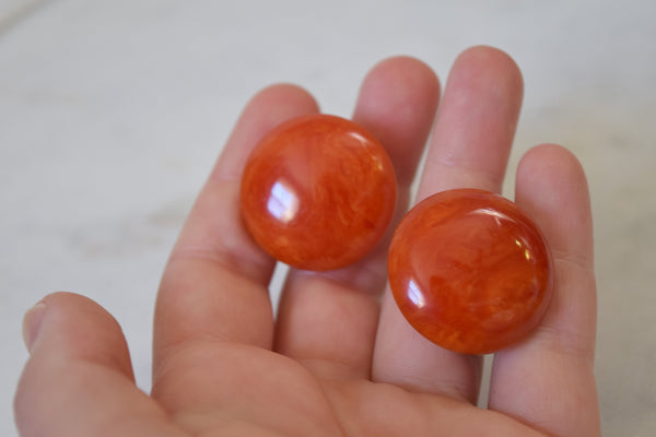 Orange Bakelite Earrings - Round Marbled Clips
