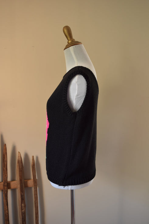 Flower Sweater Tank in Black - Medium Hand Loomed Knit