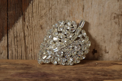 Large Rhinestone Leaf Brooch - White Rhinestone Pin - Vintage Wedding Brooch