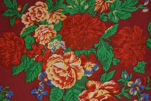 Maroon Silk Scarf - Vintage Rose and Floral Pattern