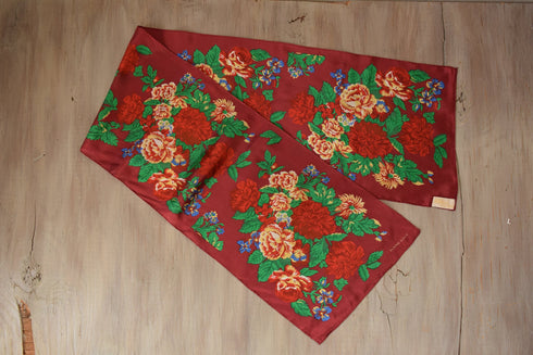 Maroon Silk Scarf - Vintage Rose and Floral Pattern
