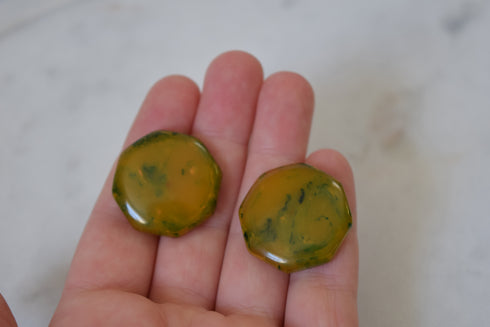 Green Octagon Earrings - Marbled Octagonal Bakelite Studs