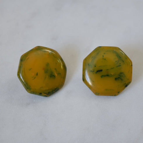Green Octagon Earrings - Marbled Octagonal Bakelite Studs